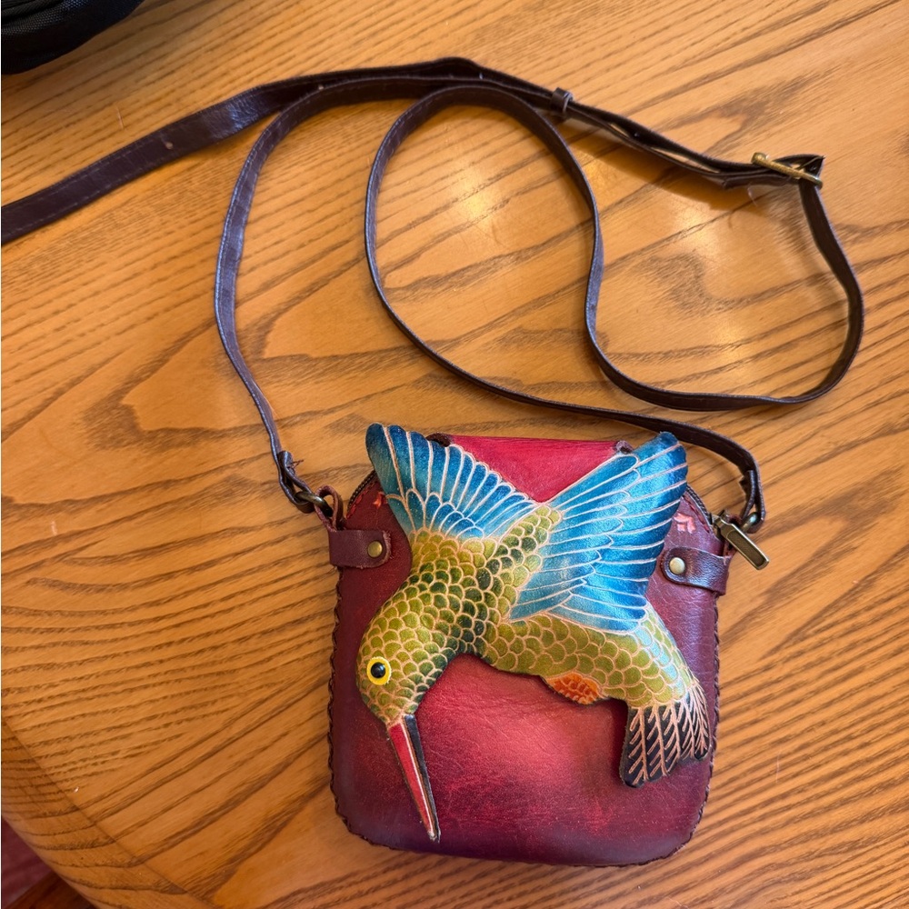 Hand-Painted Hummingbird Crossbody Bag in Red and Blue
